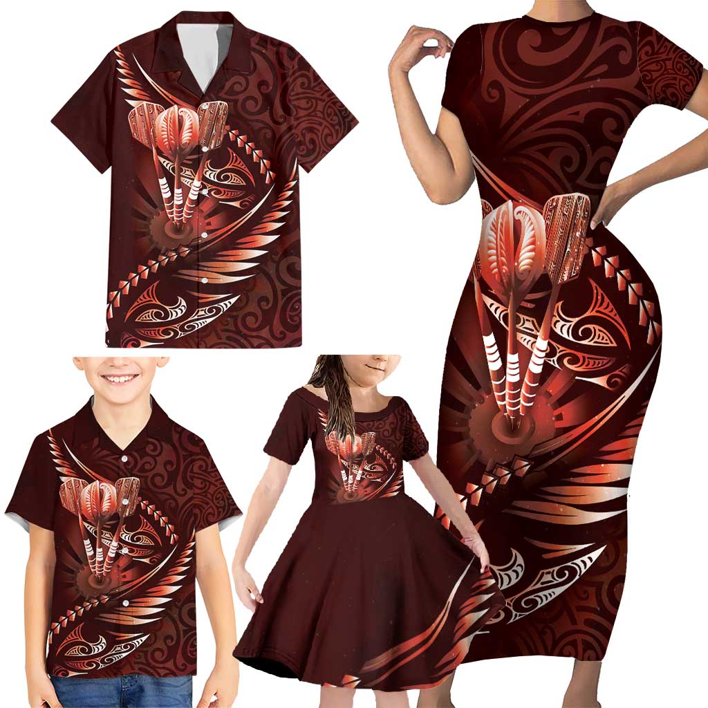 Personalised All Red New Zealand Darts Family Matching Short Sleeve Bodycon Dress and Hawaiian Shirt Aoteroa Fern Maori Galaxy Style LT14 - Polynesian Pride