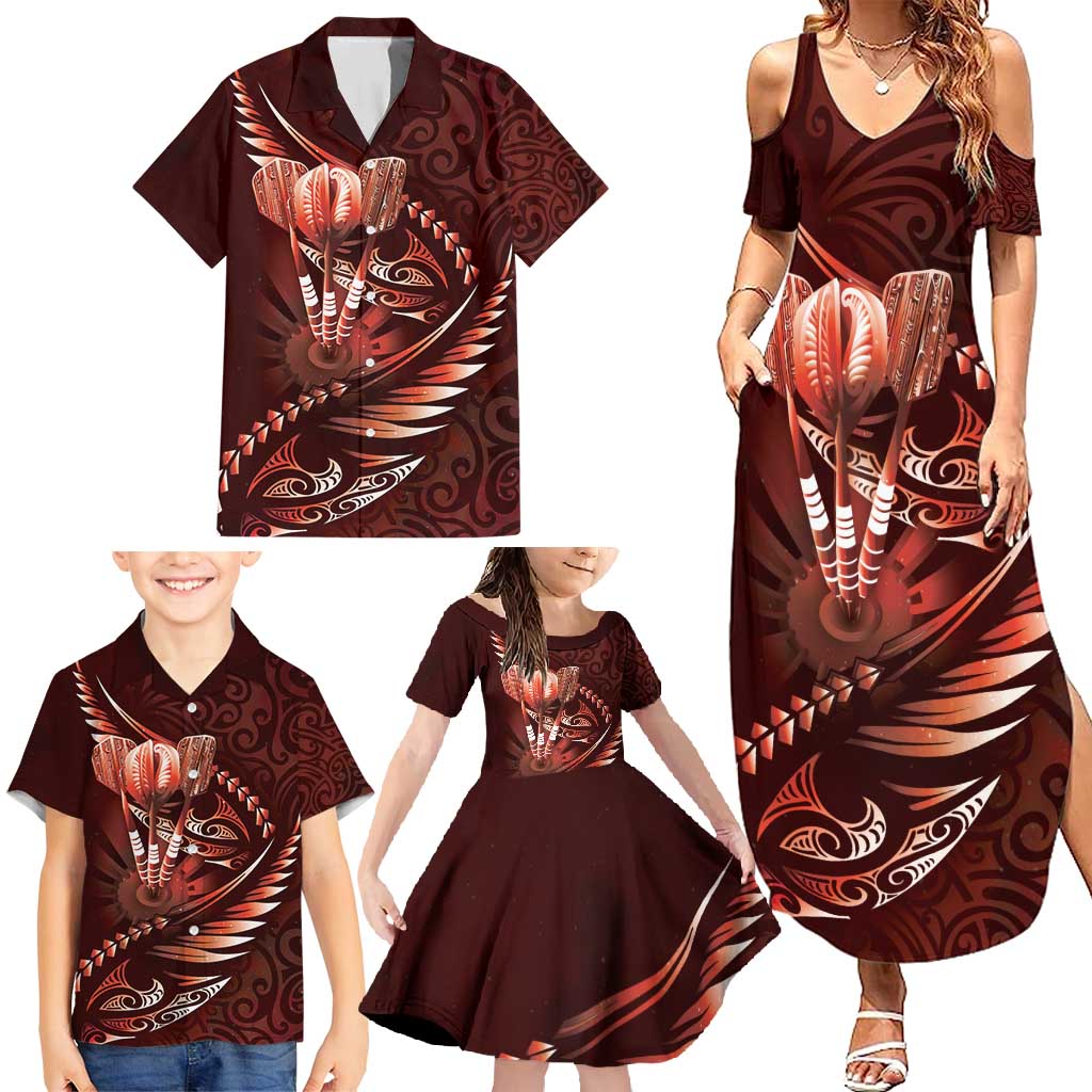 Personalised All Red New Zealand Darts Family Matching Summer Maxi Dress and Hawaiian Shirt Aoteroa Fern Maori Galaxy Style LT14 - Polynesian Pride