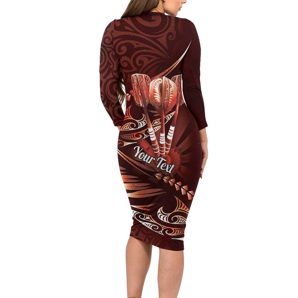 Personalised All Red New Zealand Darts Long Sleeve Bodycon Dress Aoteroa Fern Maori Galaxy Style LT14 - Polynesian Pride