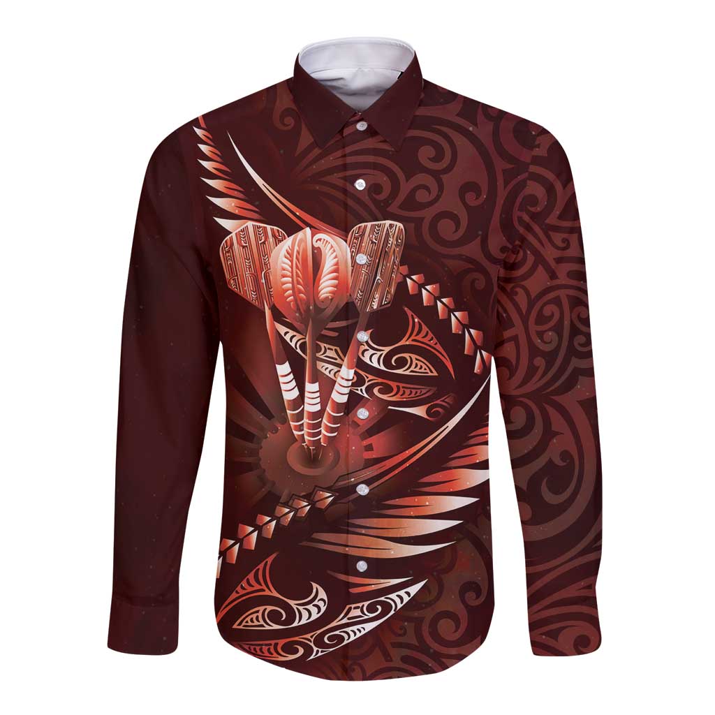 Personalised All Red New Zealand Darts Long Sleeve Button Shirt Aoteroa Fern Maori Galaxy Style LT14 Unisex Red - Polynesian Pride