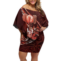 Personalised All Red New Zealand Darts Off Shoulder Short Dress Aoteroa Fern Maori Galaxy Style LT14 Women Red - Polynesian Pride
