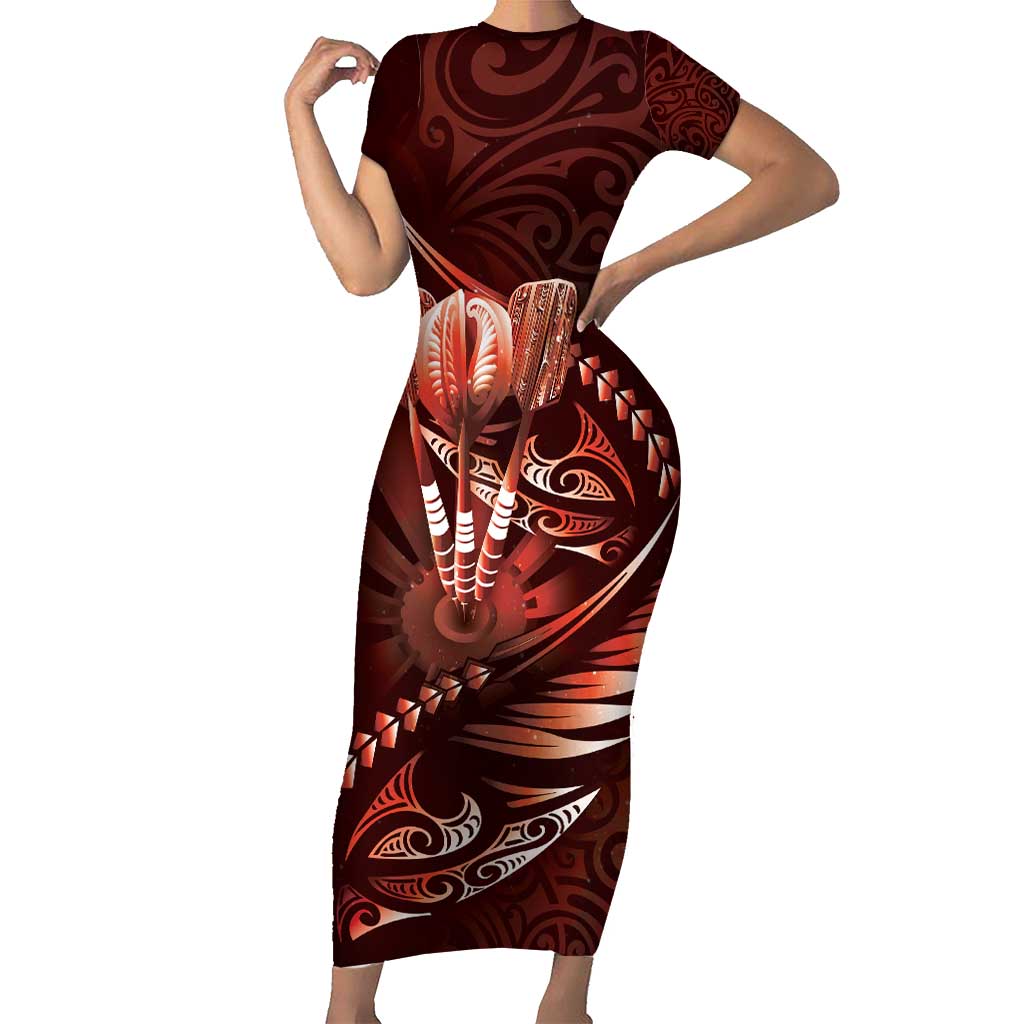 Personalised All Red New Zealand Darts Short Sleeve Bodycon Dress Aoteroa Fern Maori Galaxy Style LT14 Long Dress Red - Polynesian Pride