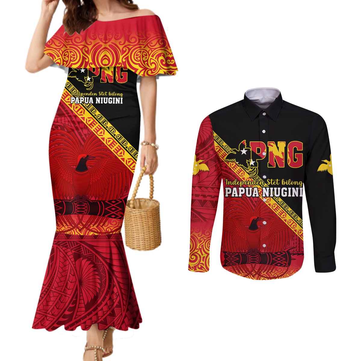 Papua New Guinea Couples Matching Mermaid Dress and Long Sleeve Button Shirts Independen Stet bilong Papua Niugini Unique Version LT14 Red - Polynesian Pride