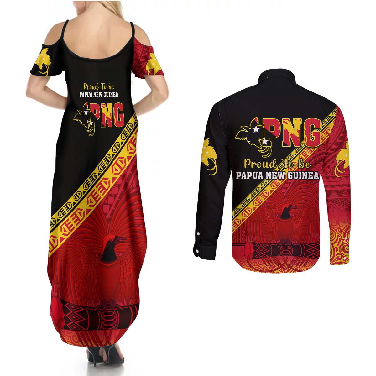 Papua New Guinea Couples Matching Summer Maxi Dress and Long Sleeve Button Shirts Independen Stet bilong Papua Niugini Unique Version LT14 - Polynesian Pride