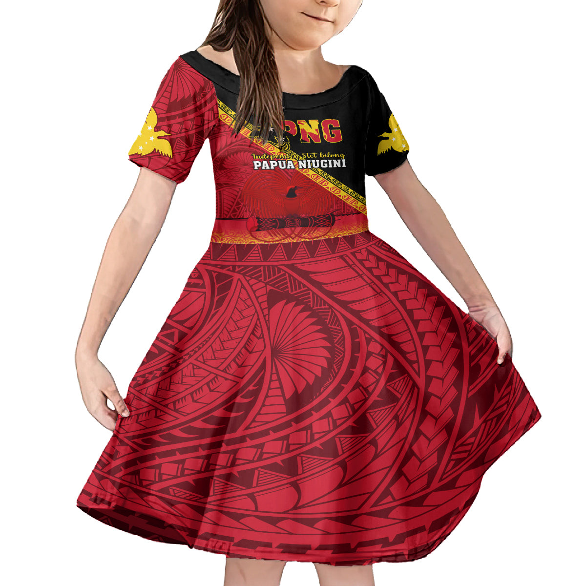 Papua New Guinea Kid Short Sleeve Dress Independen Stet bilong Papua Niugini Unique Version LT14 KID Red - Polynesian Pride