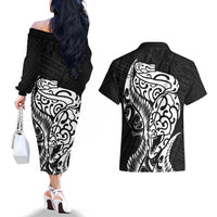 New Zealand Eel Couples Matching Off The Shoulder Long Sleeve Dress and Hawaiian Shirt Tuna Aotearoa Maori Patten - Black LT14 - Polynesian Pride