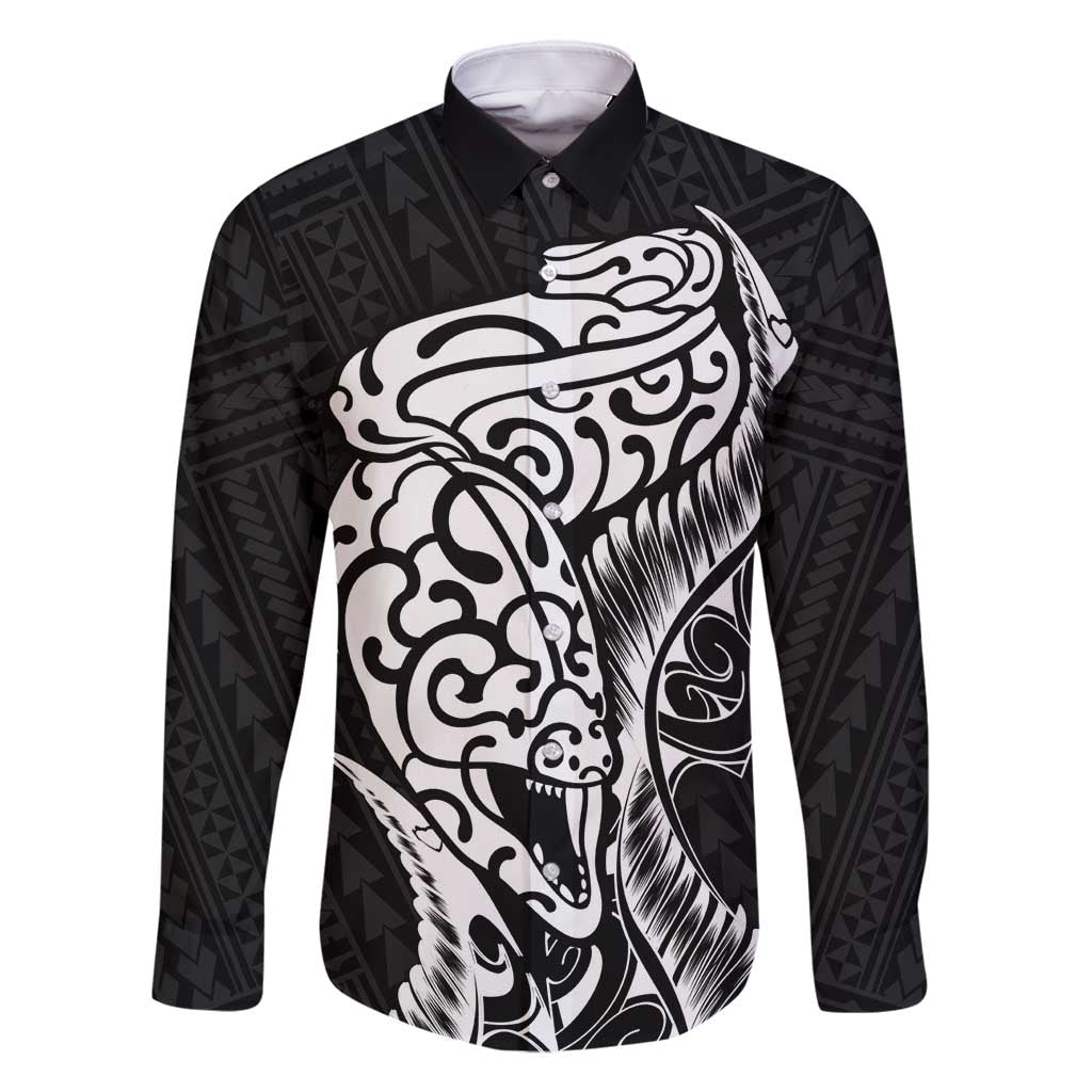 New Zealand Eel Family Matching Long Sleeve Bodycon Dress and Hawaiian Shirt Tuna Aotearoa Maori Patten - Black LT14 Dad's Shirt - Long Sleeve Black - Polynesian Pride