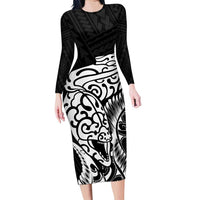 New Zealand Eel Family Matching Long Sleeve Bodycon Dress and Hawaiian Shirt Tuna Aotearoa Maori Patten - Black LT14 Mom's Dress Black - Polynesian Pride