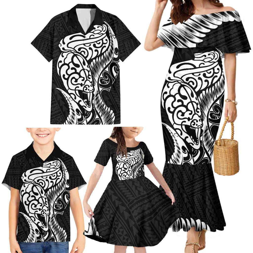 New Zealand Eel Family Matching Mermaid Dress and Hawaiian Shirt Tuna Aotearoa Maori Patten - Black LT14 - Polynesian Pride