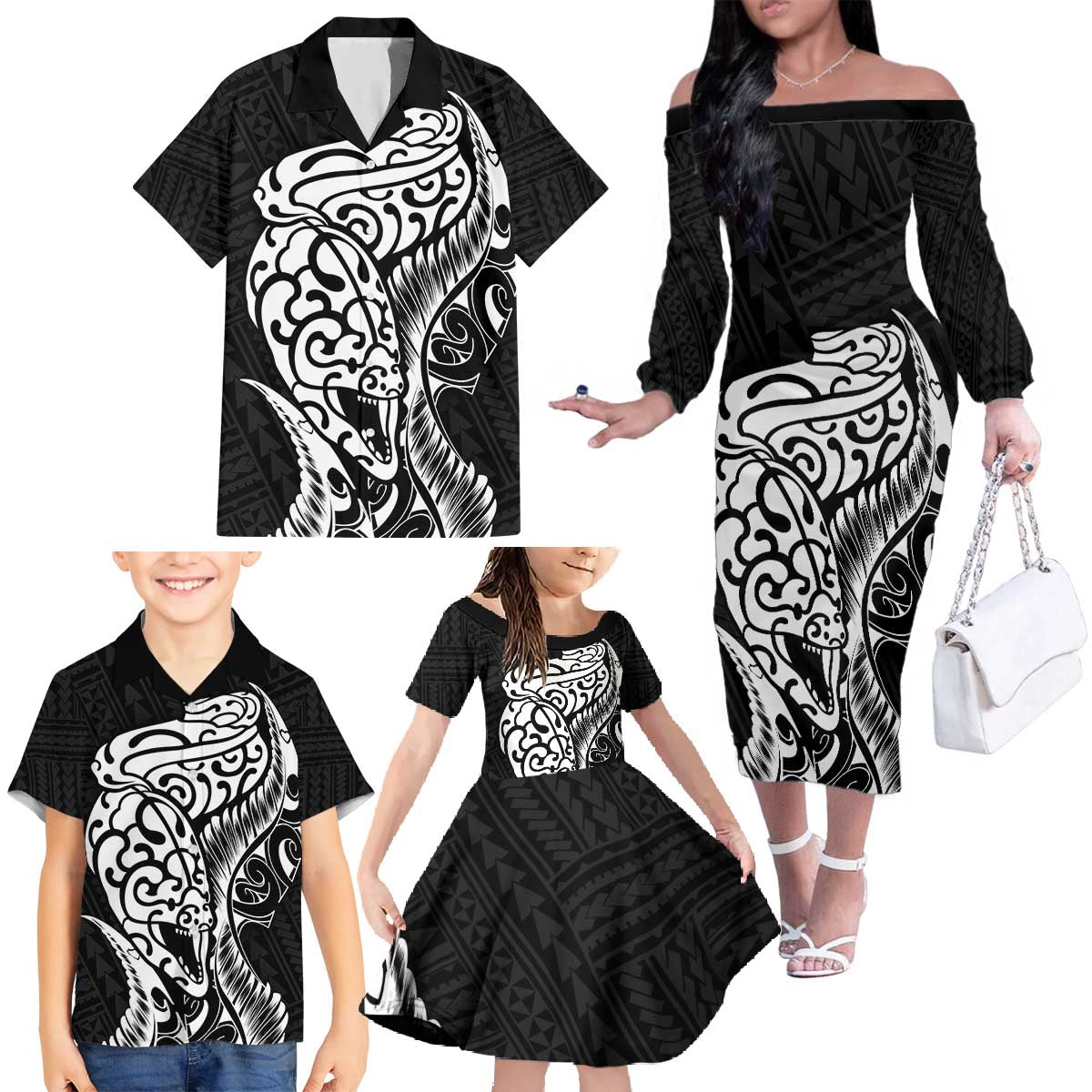 New Zealand Eel Family Matching Off The Shoulder Long Sleeve Dress and Hawaiian Shirt Tuna Aotearoa Maori Patten - Black LT14 - Polynesian Pride