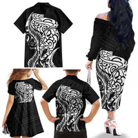 New Zealand Eel Family Matching Off The Shoulder Long Sleeve Dress and Hawaiian Shirt Tuna Aotearoa Maori Patten - Black LT14 - Polynesian Pride