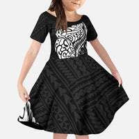 New Zealand Eel Family Matching Off Shoulder Maxi Dress and Hawaiian Shirt Tuna Aotearoa Maori Patten - Black LT14 Daughter's Dress Black - Polynesian Pride