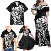 New Zealand Eel Family Matching Off Shoulder Maxi Dress and Hawaiian Shirt Tuna Aotearoa Maori Patten - Black LT14 - Polynesian Pride
