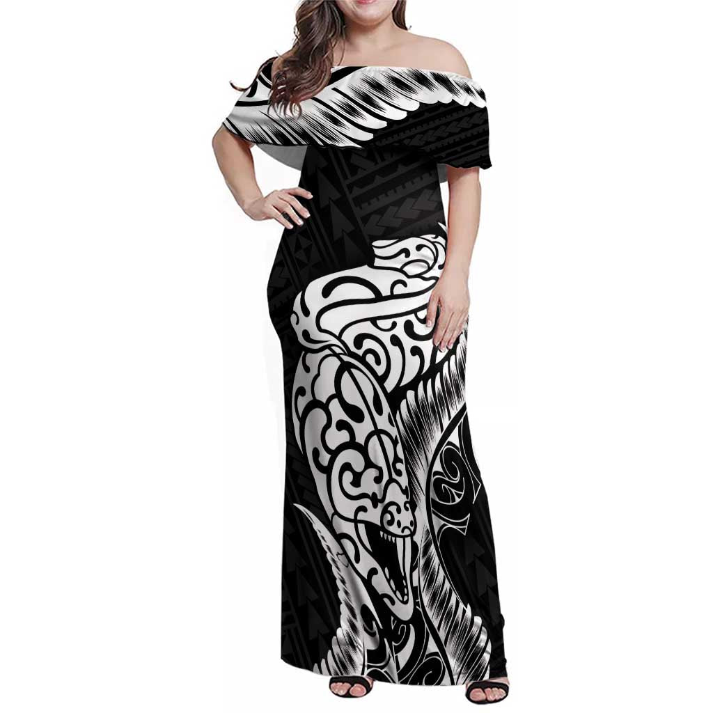 New Zealand Eel Family Matching Off Shoulder Maxi Dress and Hawaiian Shirt Tuna Aotearoa Maori Patten - Black LT14 Mom's Dress Black - Polynesian Pride
