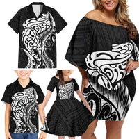 New Zealand Eel Family Matching Off Shoulder Short Dress and Hawaiian Shirt Tuna Aotearoa Maori Patten - Black LT14 - Polynesian Pride