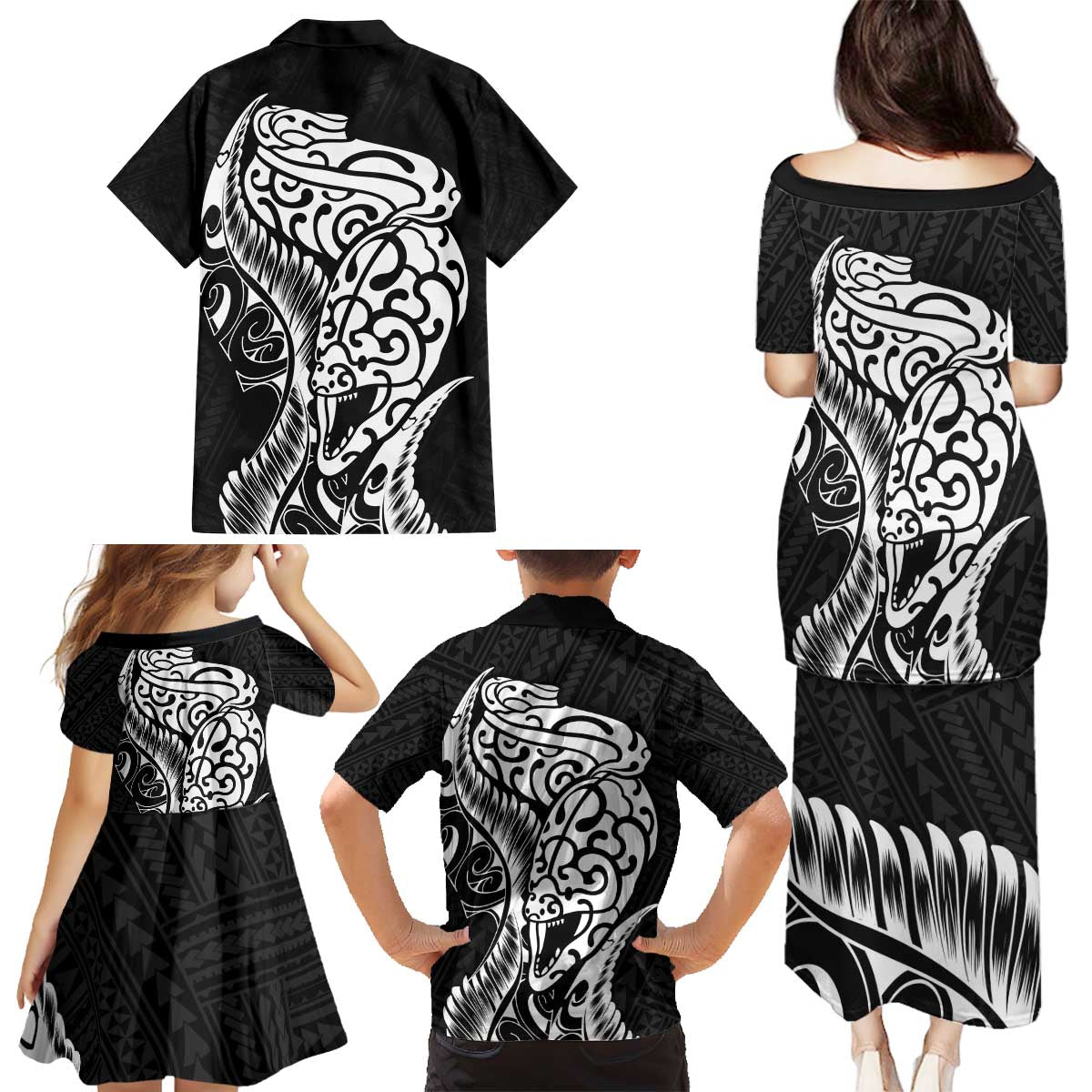New Zealand Eel Family Matching Puletasi and Hawaiian Shirt Tuna Aotearoa Maori Patten - Black LT14 - Polynesian Pride