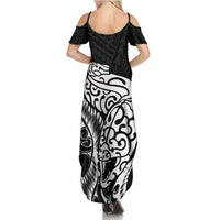 New Zealand Eel Family Matching Summer Maxi Dress and Hawaiian Shirt Tuna Aotearoa Maori Patten - Black LT14 - Polynesian Pride