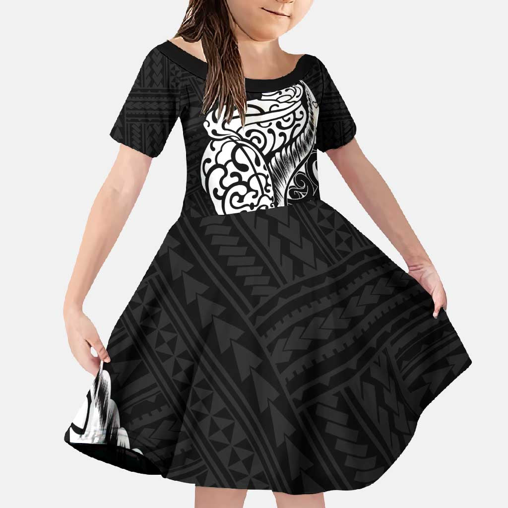 New Zealand Eel Family Matching Tank Maxi Dress and Hawaiian Shirt Tuna Aotearoa Maori Patten - Black LT14 Daughter's Dress Black - Polynesian Pride