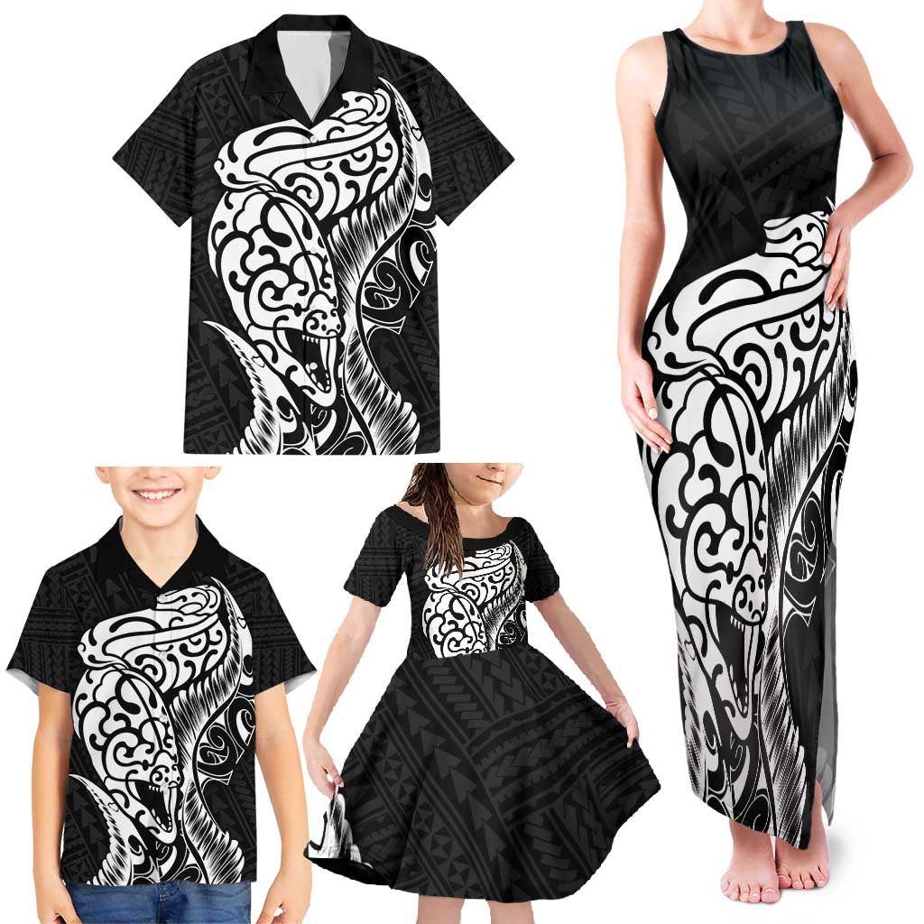 New Zealand Eel Family Matching Tank Maxi Dress and Hawaiian Shirt Tuna Aotearoa Maori Patten - Black LT14 - Polynesian Pride