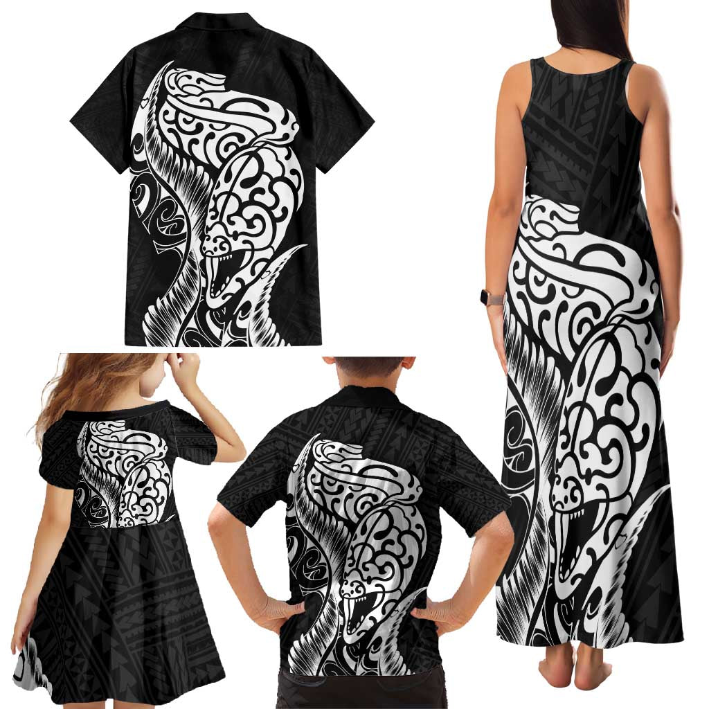 New Zealand Eel Family Matching Tank Maxi Dress and Hawaiian Shirt Tuna Aotearoa Maori Patten - Black LT14 - Polynesian Pride