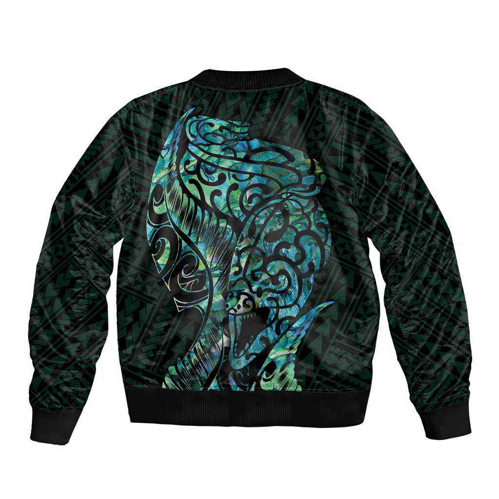 New Zealand Eel Bomber Jacket Tuna Aotearoa Maori With Paua Shell - Turquoise LT14 - Polynesian Pride