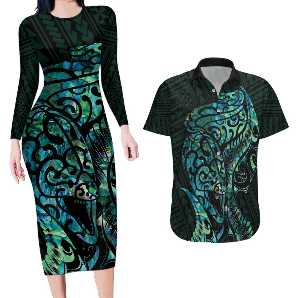 New Zealand Eel Couples Matching Long Sleeve Bodycon Dress and Hawaiian Shirt Tuna Aotearoa Maori With Paua Shell - Turquoise LT14 Turquoise - Polynesian Pride