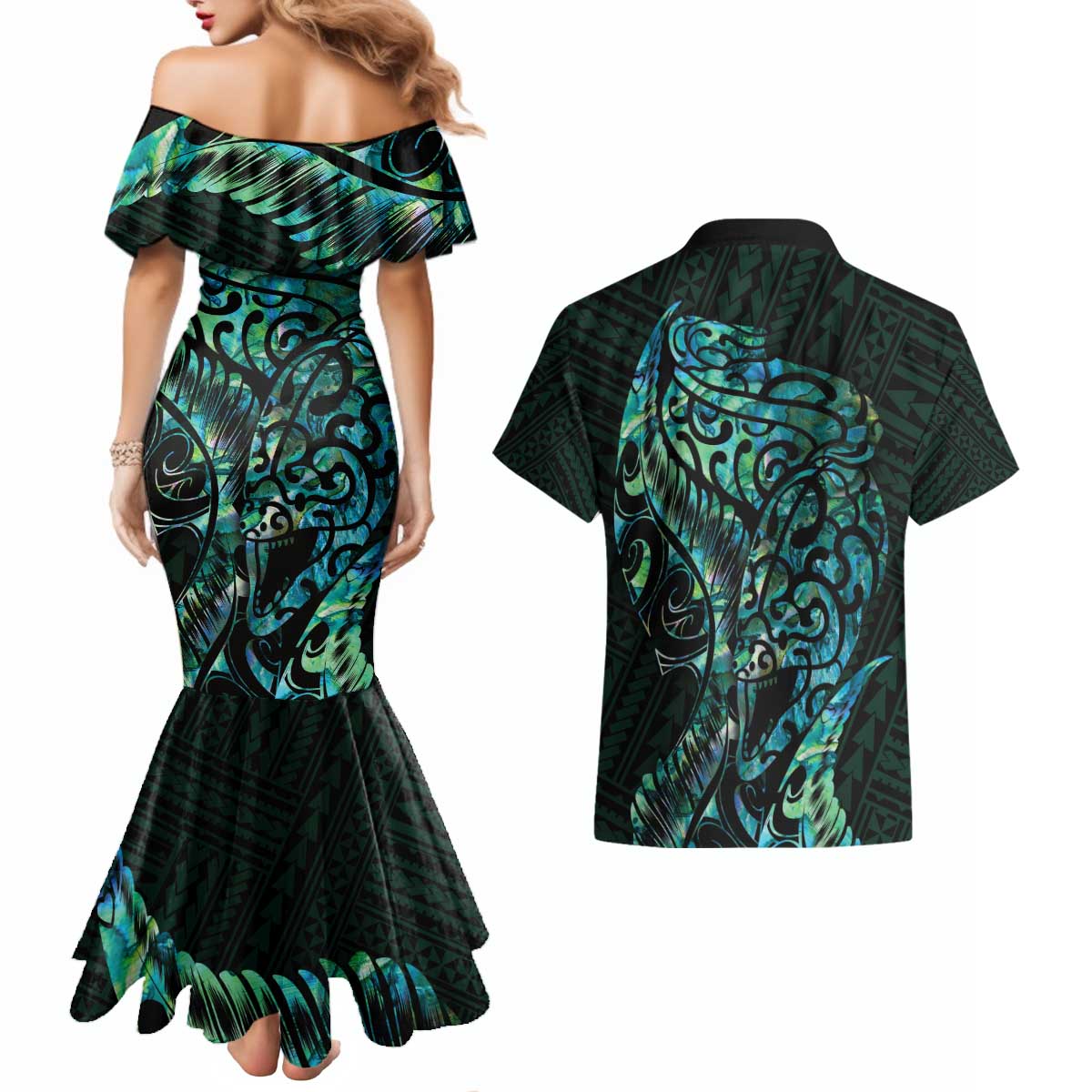 New Zealand Eel Couples Matching Mermaid Dress and Hawaiian Shirt Tuna Aotearoa Maori With Paua Shell - Turquoise LT14 - Polynesian Pride