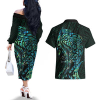 New Zealand Eel Couples Matching Off The Shoulder Long Sleeve Dress and Hawaiian Shirt Tuna Aotearoa Maori With Paua Shell - Turquoise LT14 - Polynesian Pride