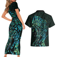 New Zealand Eel Couples Matching Short Sleeve Bodycon Dress and Hawaiian Shirt Tuna Aotearoa Maori With Paua Shell - Turquoise LT14 - Polynesian Pride