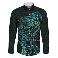 New Zealand Eel Family Matching Long Sleeve Bodycon Dress and Hawaiian Shirt Tuna Aotearoa Maori With Paua Shell - Turquoise LT14 Dad's Shirt - Long Sleeve Turquoise - Polynesian Pride