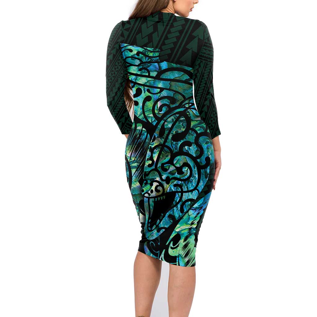 New Zealand Eel Family Matching Long Sleeve Bodycon Dress and Hawaiian Shirt Tuna Aotearoa Maori With Paua Shell - Turquoise LT14 - Polynesian Pride