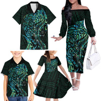 New Zealand Eel Family Matching Off The Shoulder Long Sleeve Dress and Hawaiian Shirt Tuna Aotearoa Maori With Paua Shell - Turquoise LT14 - Polynesian Pride