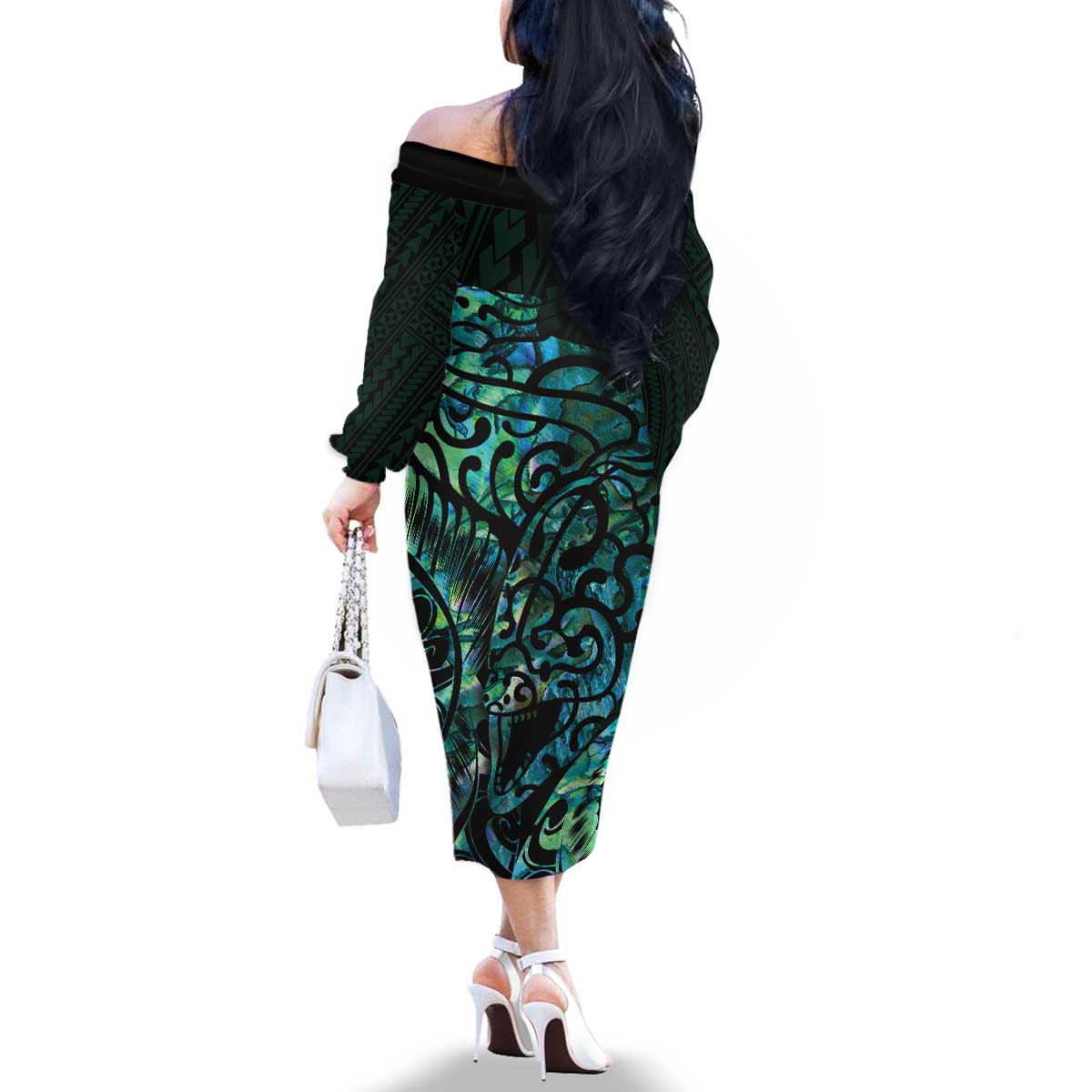 New Zealand Eel Family Matching Off The Shoulder Long Sleeve Dress and Hawaiian Shirt Tuna Aotearoa Maori With Paua Shell - Turquoise LT14 - Polynesian Pride