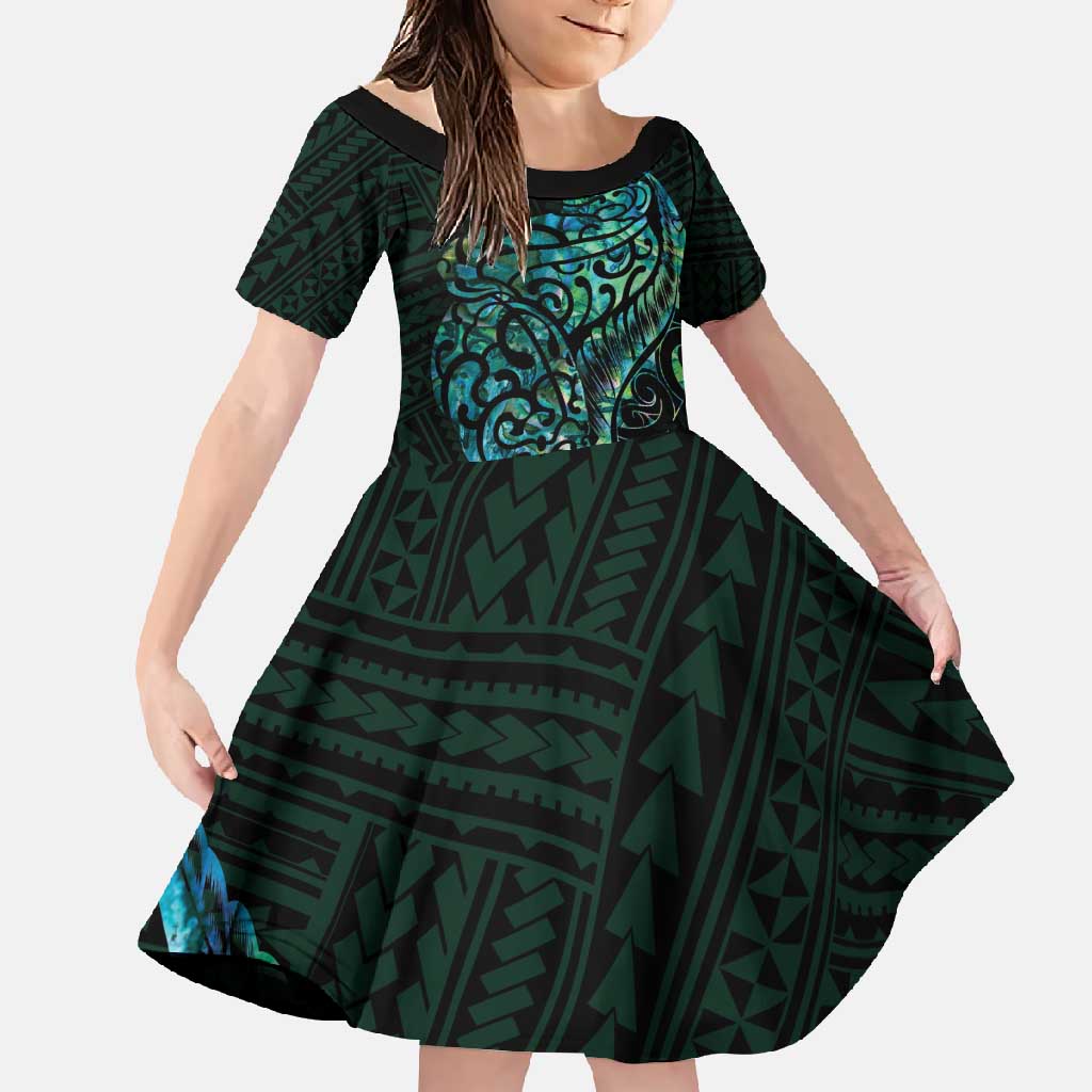 New Zealand Eel Family Matching Off Shoulder Maxi Dress and Hawaiian Shirt Tuna Aotearoa Maori With Paua Shell - Turquoise LT14 Daughter's Dress Turquoise - Polynesian Pride