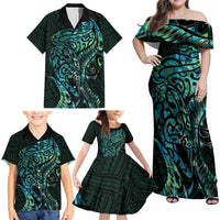 New Zealand Eel Family Matching Off Shoulder Maxi Dress and Hawaiian Shirt Tuna Aotearoa Maori With Paua Shell - Turquoise LT14 - Polynesian Pride