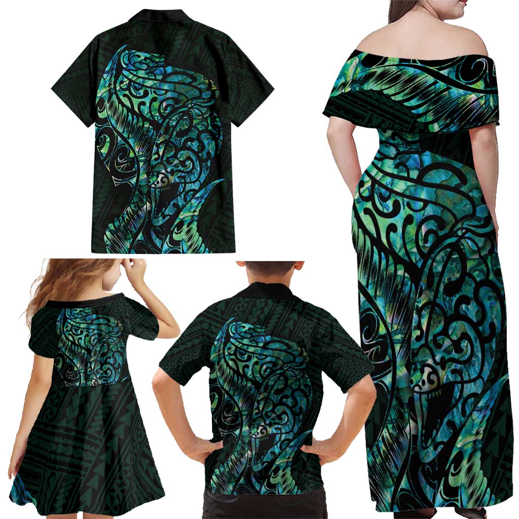 New Zealand Eel Family Matching Off Shoulder Maxi Dress and Hawaiian Shirt Tuna Aotearoa Maori With Paua Shell - Turquoise LT14 - Polynesian Pride