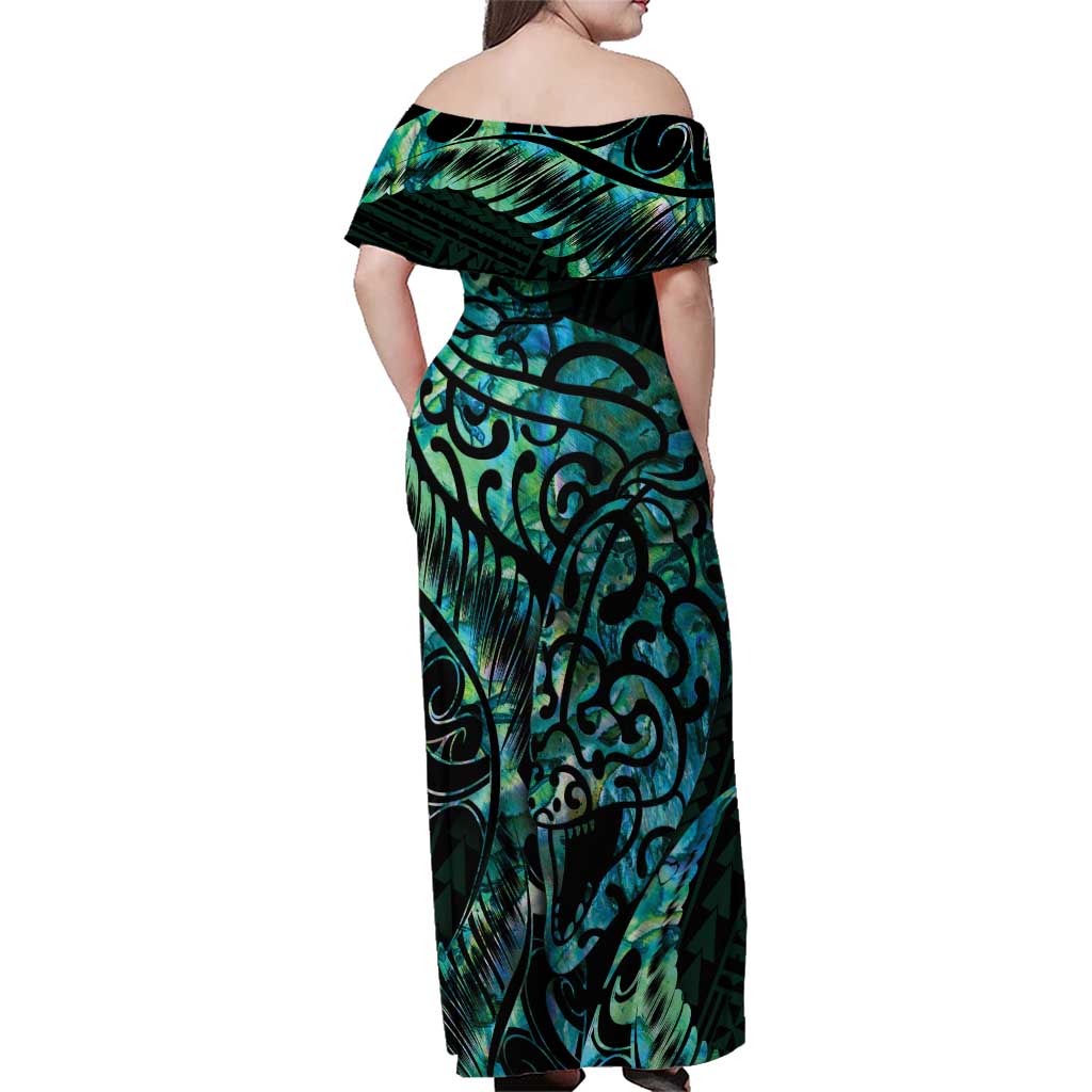 New Zealand Eel Family Matching Off Shoulder Maxi Dress and Hawaiian Shirt Tuna Aotearoa Maori With Paua Shell - Turquoise LT14 - Polynesian Pride
