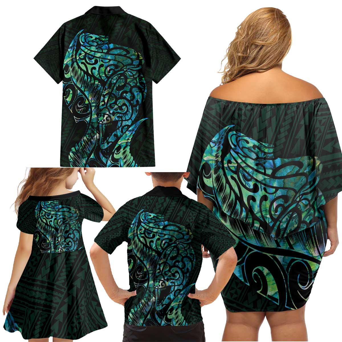New Zealand Eel Family Matching Off Shoulder Short Dress and Hawaiian Shirt Tuna Aotearoa Maori With Paua Shell - Turquoise LT14 - Polynesian Pride