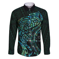 New Zealand Eel Family Matching Off Shoulder Short Dress and Hawaiian Shirt Tuna Aotearoa Maori With Paua Shell - Turquoise LT14 Dad's Shirt - Long Sleeve Turquoise - Polynesian Pride