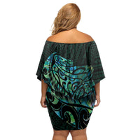 New Zealand Eel Family Matching Off Shoulder Short Dress and Hawaiian Shirt Tuna Aotearoa Maori With Paua Shell - Turquoise LT14 - Polynesian Pride