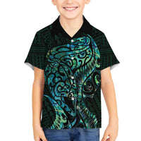 New Zealand Eel Family Matching Off Shoulder Short Dress and Hawaiian Shirt Tuna Aotearoa Maori With Paua Shell - Turquoise LT14 Son's Shirt Turquoise - Polynesian Pride