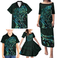 New Zealand Eel Family Matching Puletasi and Hawaiian Shirt Tuna Aotearoa Maori With Paua Shell - Turquoise LT14 - Polynesian Pride