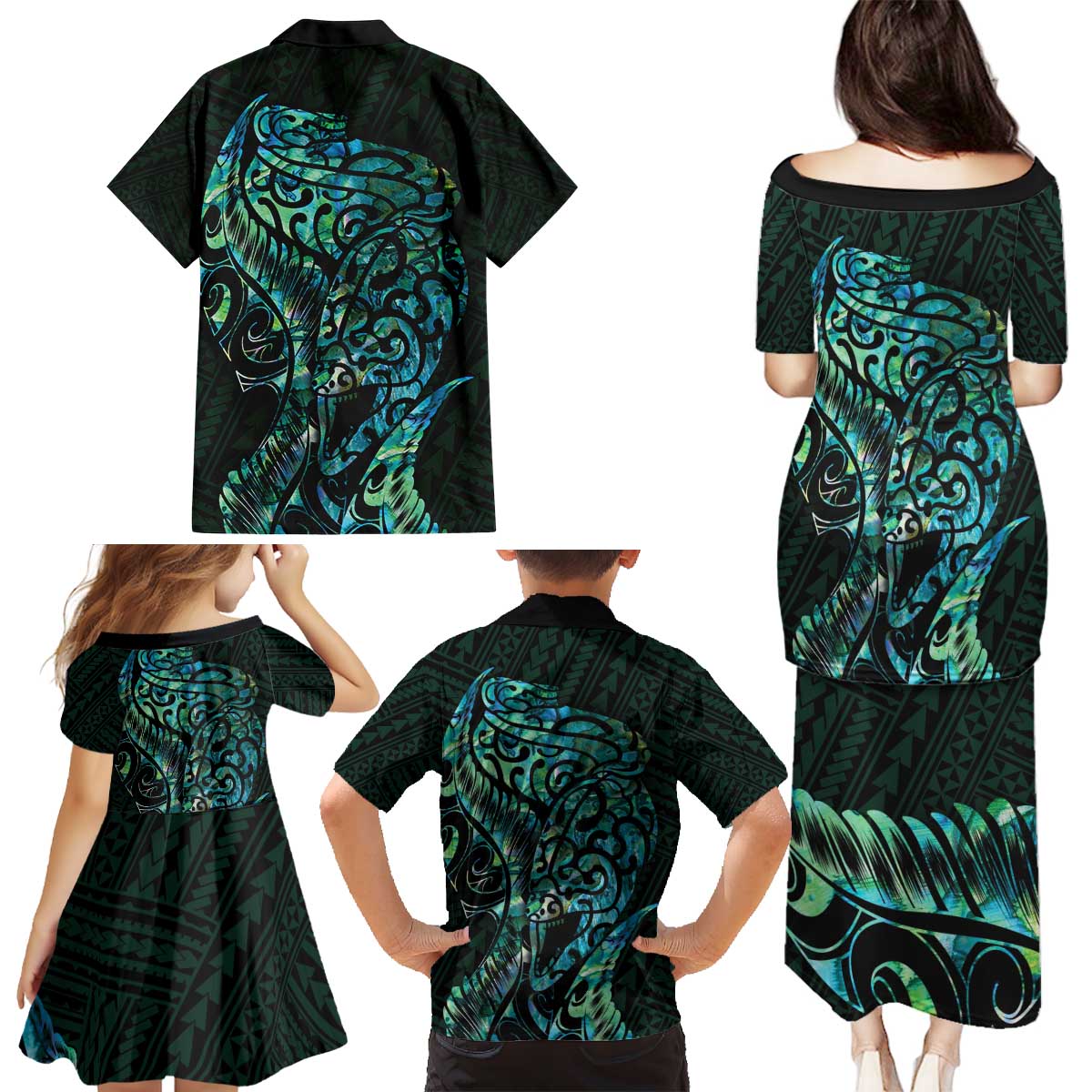 New Zealand Eel Family Matching Puletasi and Hawaiian Shirt Tuna Aotearoa Maori With Paua Shell - Turquoise LT14 - Polynesian Pride