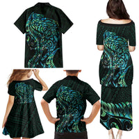 New Zealand Eel Family Matching Puletasi and Hawaiian Shirt Tuna Aotearoa Maori With Paua Shell - Turquoise LT14 - Polynesian Pride