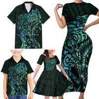 New Zealand Eel Family Matching Short Sleeve Bodycon Dress and Hawaiian Shirt Tuna Aotearoa Maori With Paua Shell - Turquoise LT14 - Polynesian Pride