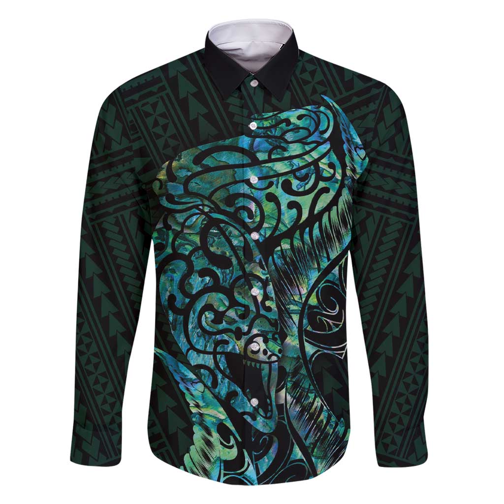 New Zealand Eel Family Matching Short Sleeve Bodycon Dress and Hawaiian Shirt Tuna Aotearoa Maori With Paua Shell - Turquoise LT14 Dad's Shirt - Long Sleeve Turquoise - Polynesian Pride