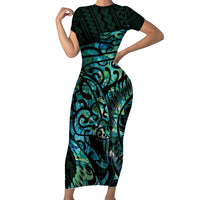 New Zealand Eel Family Matching Short Sleeve Bodycon Dress and Hawaiian Shirt Tuna Aotearoa Maori With Paua Shell - Turquoise LT14 Mom's Dress Turquoise - Polynesian Pride