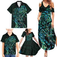 New Zealand Eel Family Matching Summer Maxi Dress and Hawaiian Shirt Tuna Aotearoa Maori With Paua Shell - Turquoise LT14 - Polynesian Pride