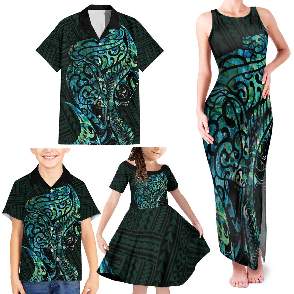 New Zealand Eel Family Matching Tank Maxi Dress and Hawaiian Shirt Tuna Aotearoa Maori With Paua Shell - Turquoise LT14 - Polynesian Pride