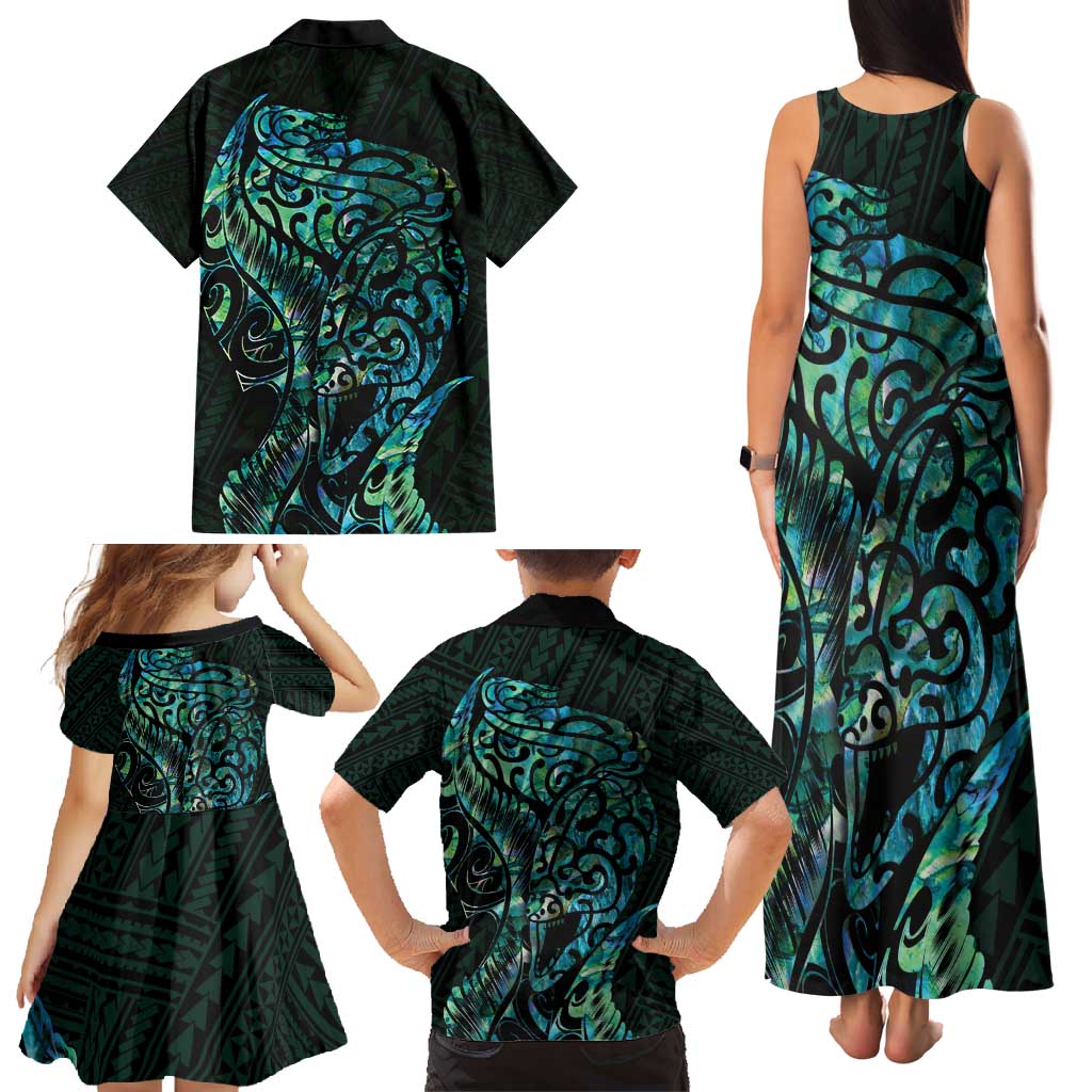 New Zealand Eel Family Matching Tank Maxi Dress and Hawaiian Shirt Tuna Aotearoa Maori With Paua Shell - Turquoise LT14 - Polynesian Pride
